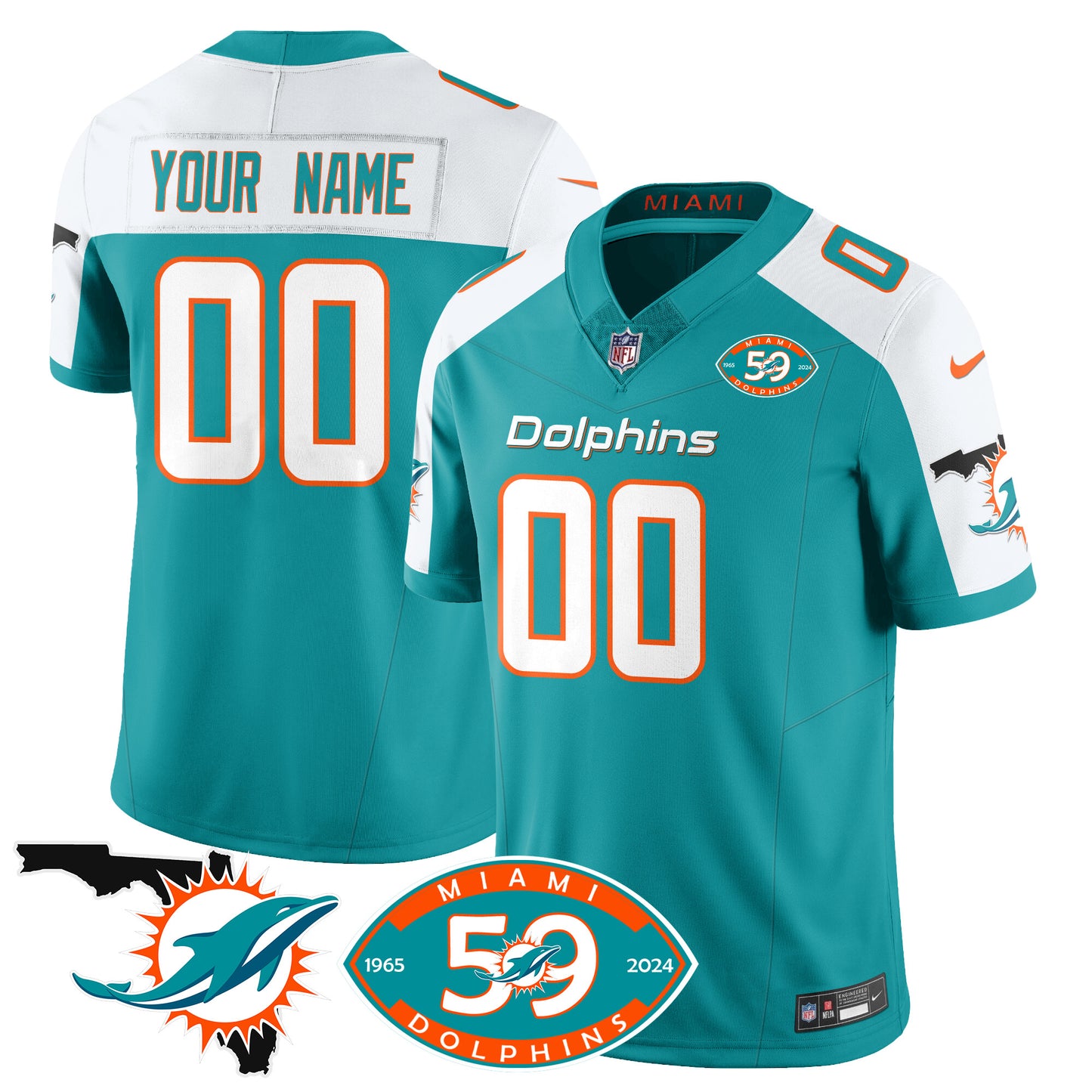 Custom Dolphins 1965-2024 - The Dolphins Jersey - All Stitched