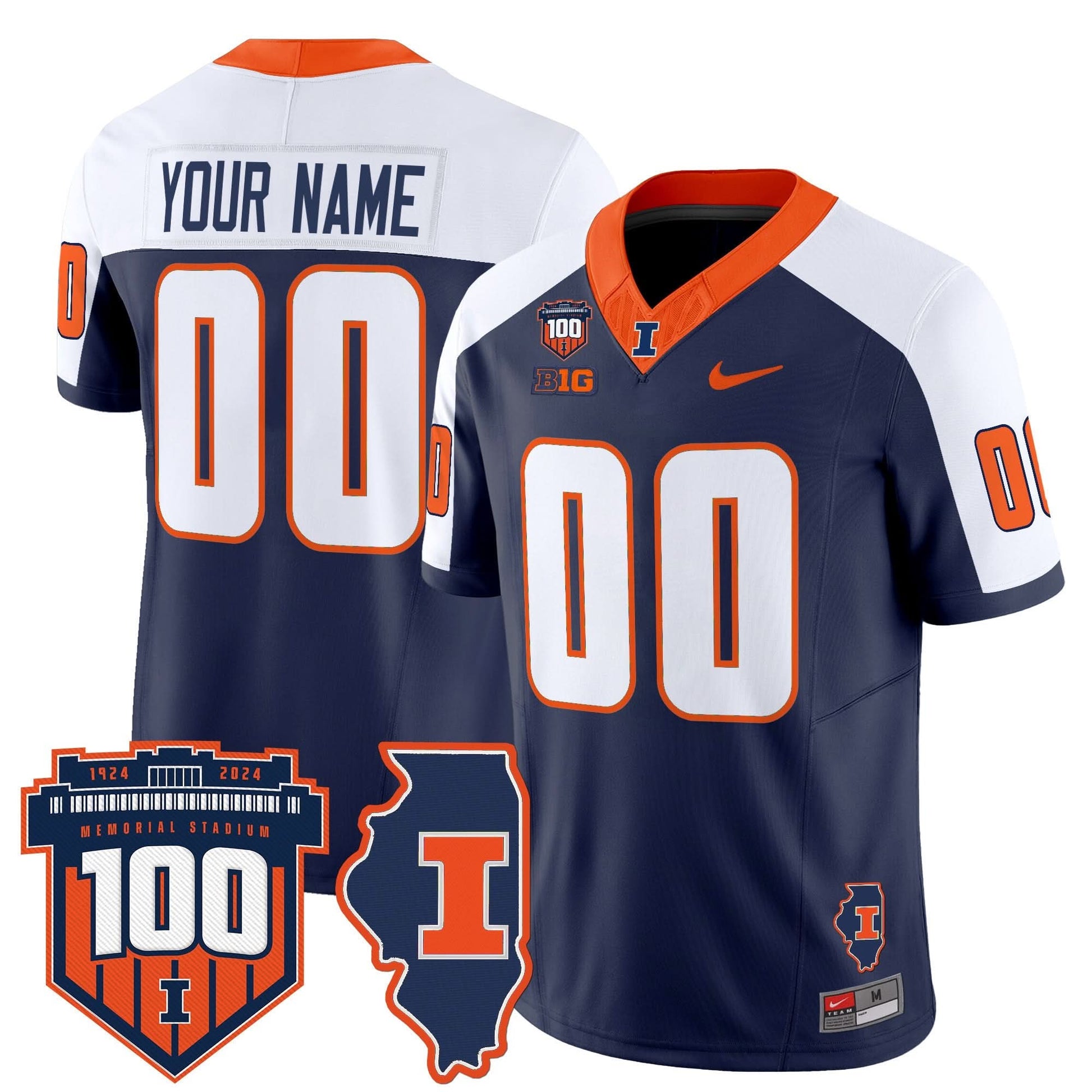 Illinois Fighting Illini 100th Memorial Stadium Patch Vapor Limited Custom Jersey - All Stitched