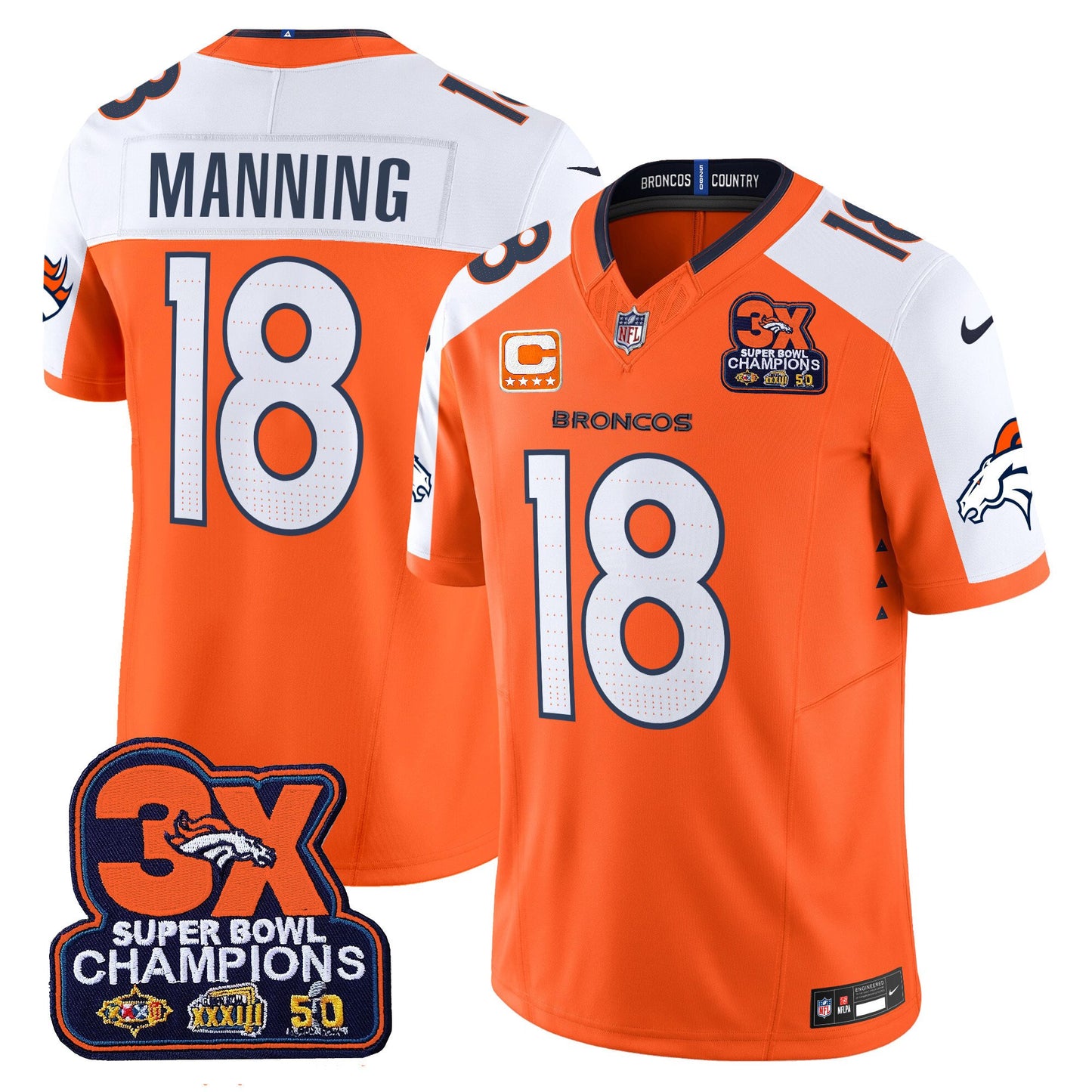 Denver Broncos 3-Time Champions Patch Vapor Limited Jersey - All Stitched