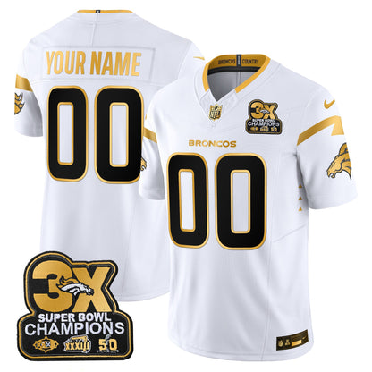 Denver Broncos 3-Time Champions Patch Gold Vapor Limited Custom Jersey - All Stitched