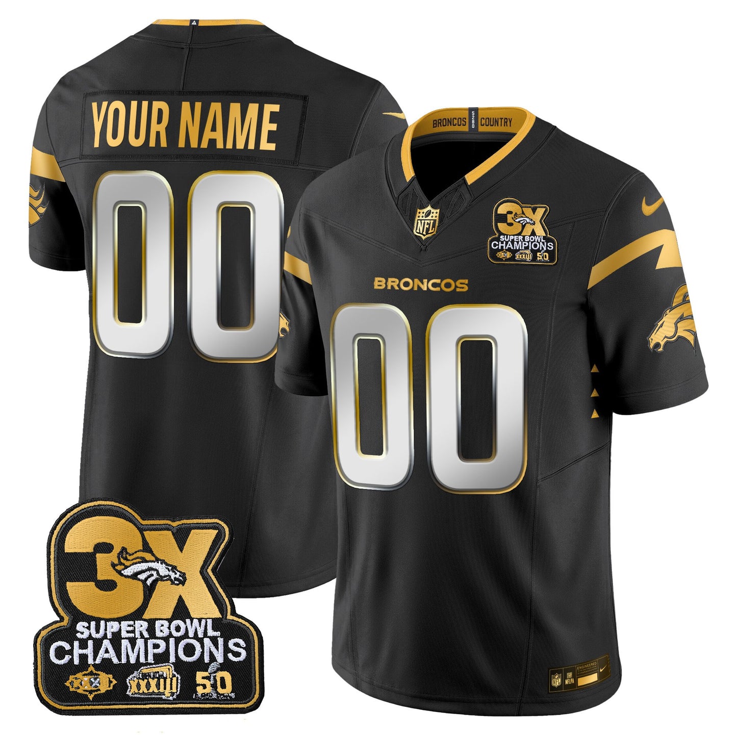 Denver Broncos 3-Time Champions Patch Gold Vapor Limited Custom Jersey - All Stitched