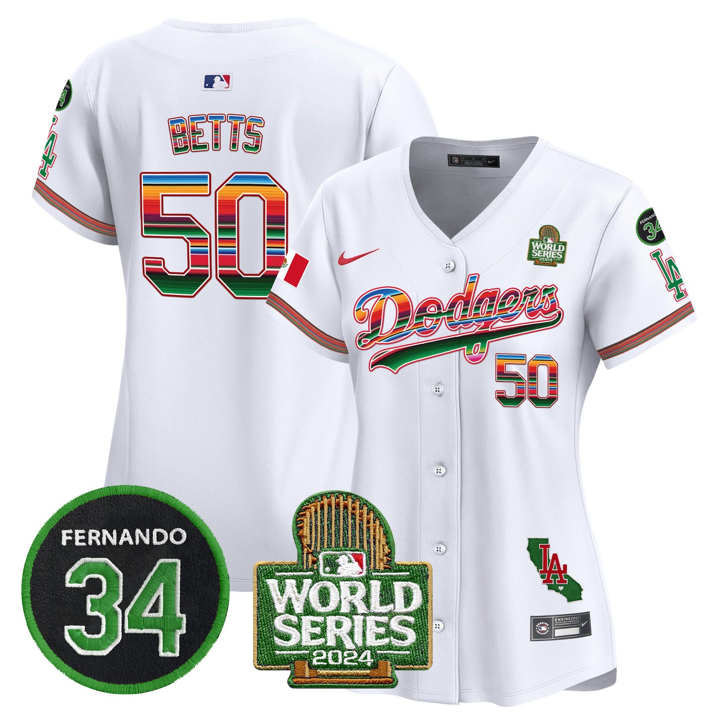 Women's Dodgers Mexico Fernando Memorial & 2024 World Series Patch Vapor Premier Limited Jersey V2 - All Stitched