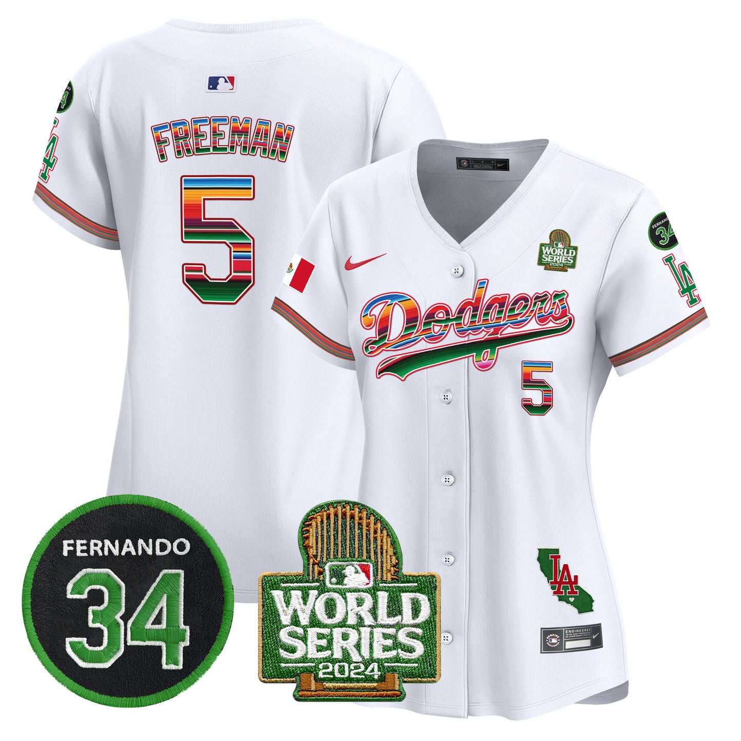 Women's Dodgers Mexico Fernando Memorial & 2024 World Series Patch Vapor Premier Limited Jersey V2 - All Stitched