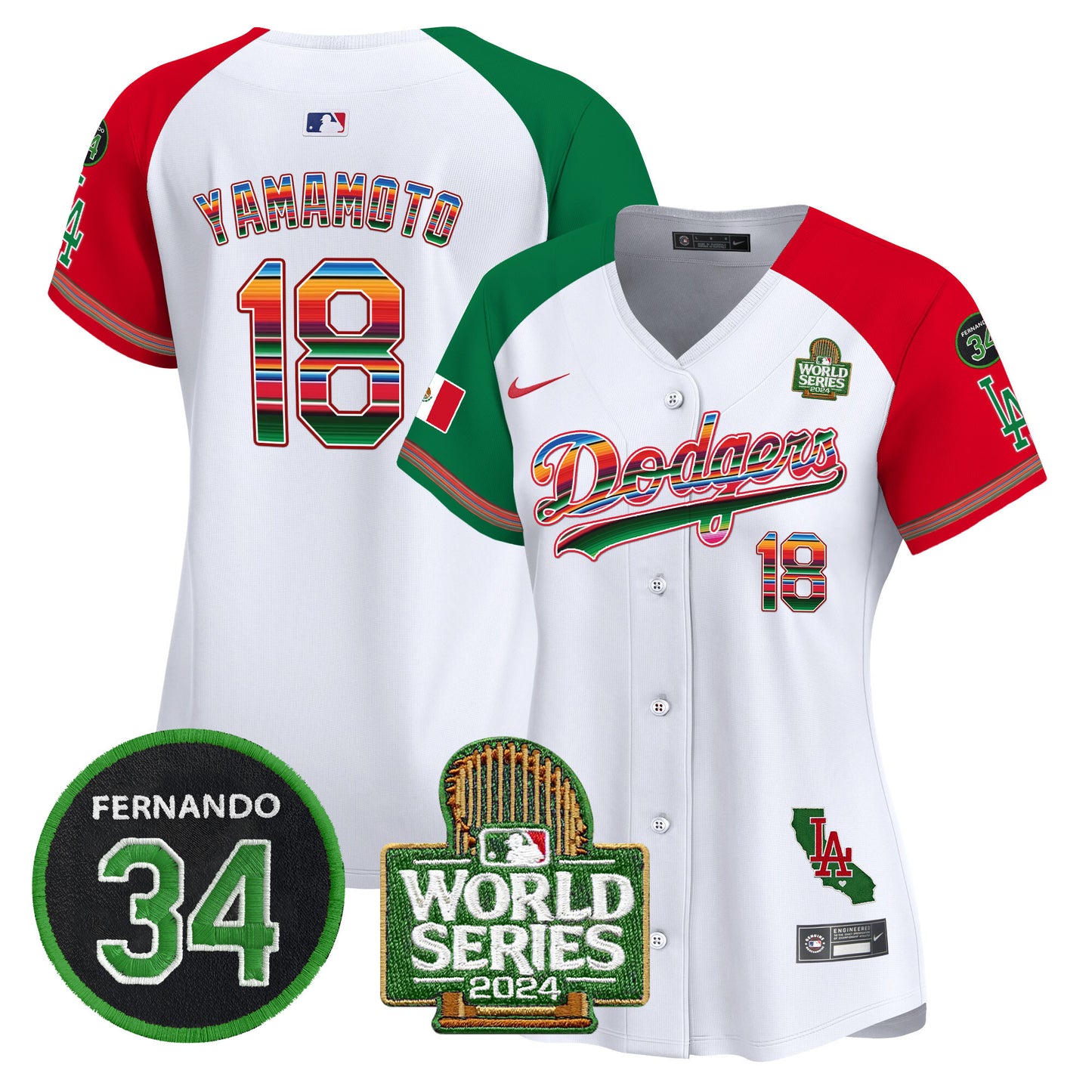 Women's Dodgers Mexico Fernando Memorial & 2024 World Series Patch Vapor Premier Limited Jersey V2 - All Stitched