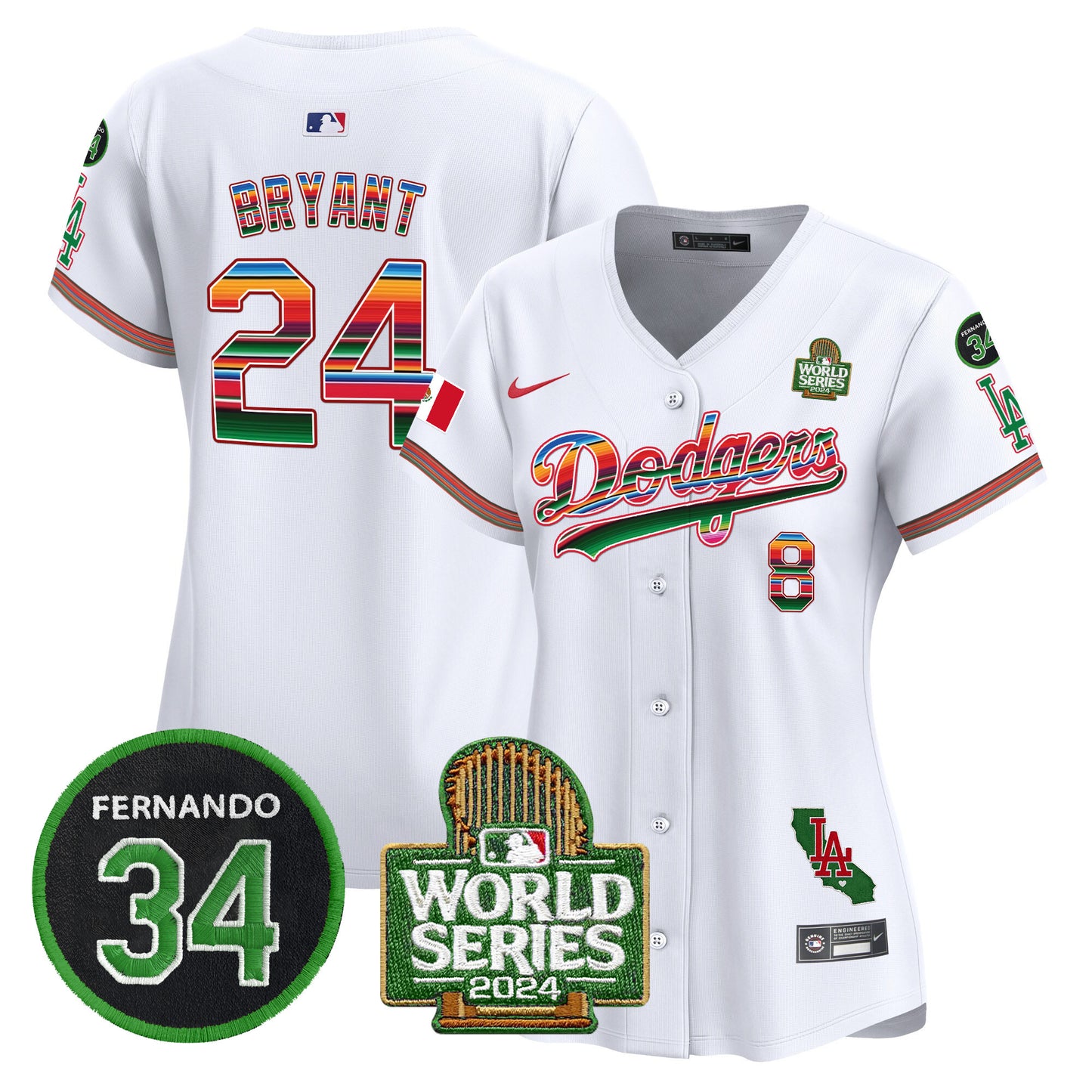 Women's Dodgers Mexico Fernando Memorial & 2024 World Series Patch Vapor Premier Limited Jersey V2 - All Stitched