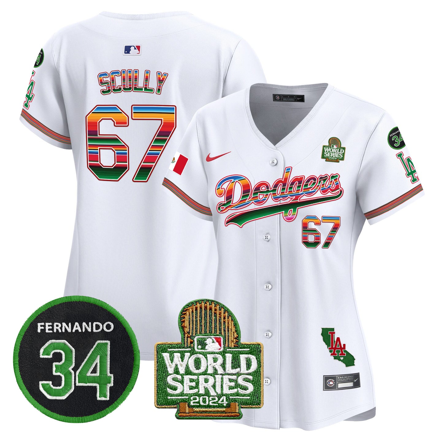 Women's Dodgers Mexico Fernando Memorial & 2024 World Series Patch Vapor Premier Limited Jersey V2 - All Stitched