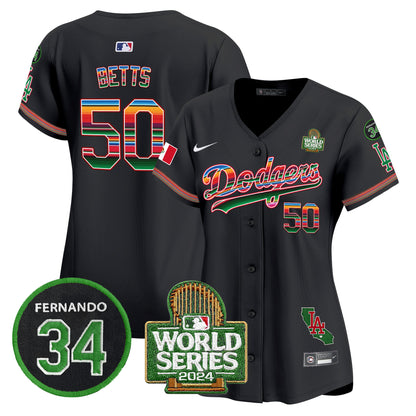 Women's Dodgers Mexico Fernando Memorial & 2024 World Series Patch Vapor Premier Limited Jersey V2 - All Stitched