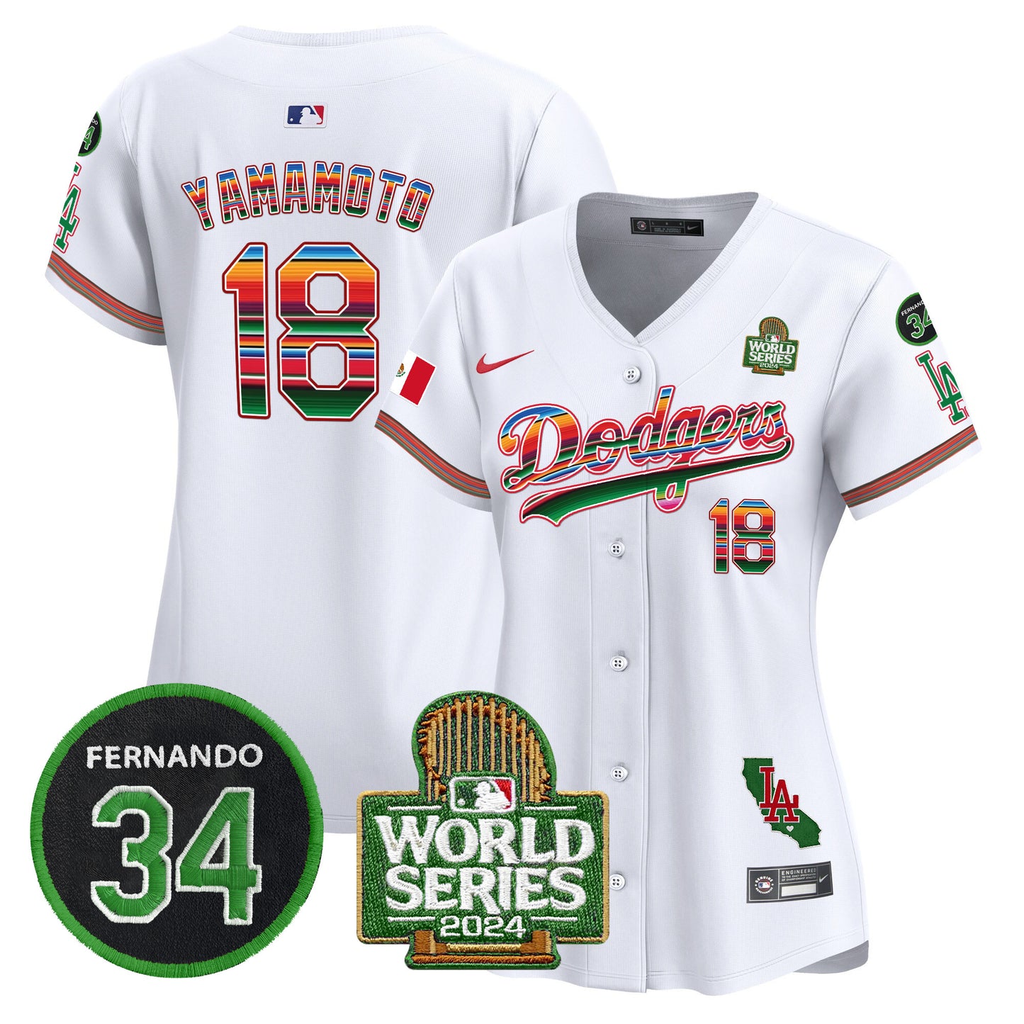 Women's Dodgers Mexico Fernando Memorial & 2024 World Series Patch Vapor Premier Limited Jersey V2 - All Stitched