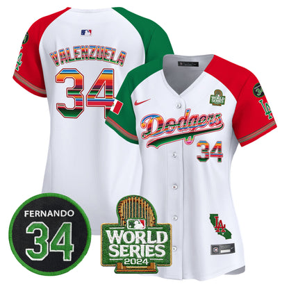 Women's Dodgers Mexico Fernando Memorial & 2024 World Series Patch Vapor Premier Limited Jersey V2 - All Stitched