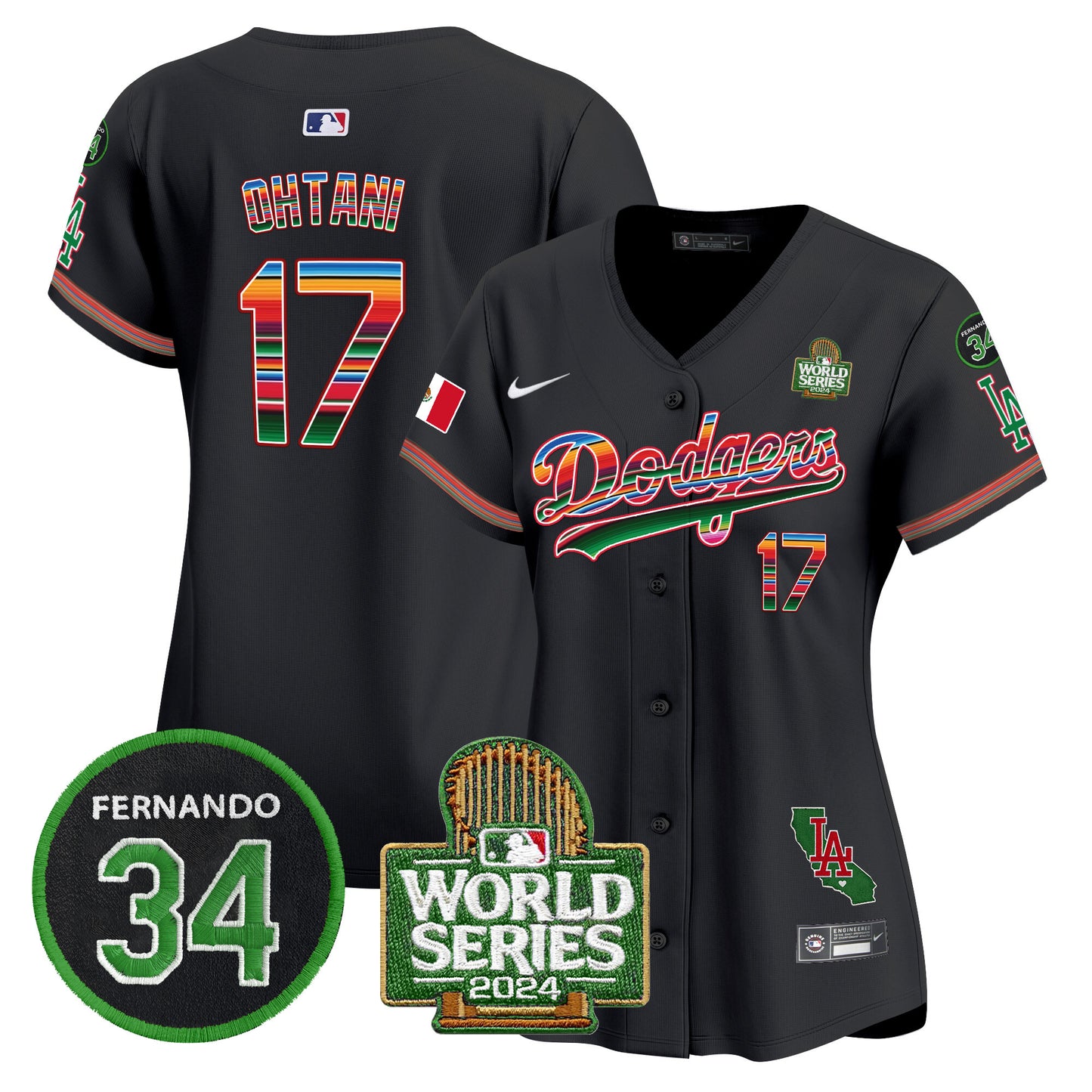 Women's Dodgers Mexico Fernando Memorial & 2024 World Series Patch Vapor Premier Limited Jersey V2 - All Stitched