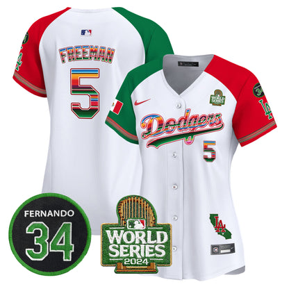 Women's Dodgers Mexico Fernando Memorial & 2024 World Series Patch Vapor Premier Limited Jersey V2 - All Stitched