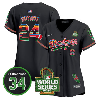 Women's Dodgers Mexico Fernando Memorial & 2024 World Series Patch Vapor Premier Limited Jersey V2 - All Stitched