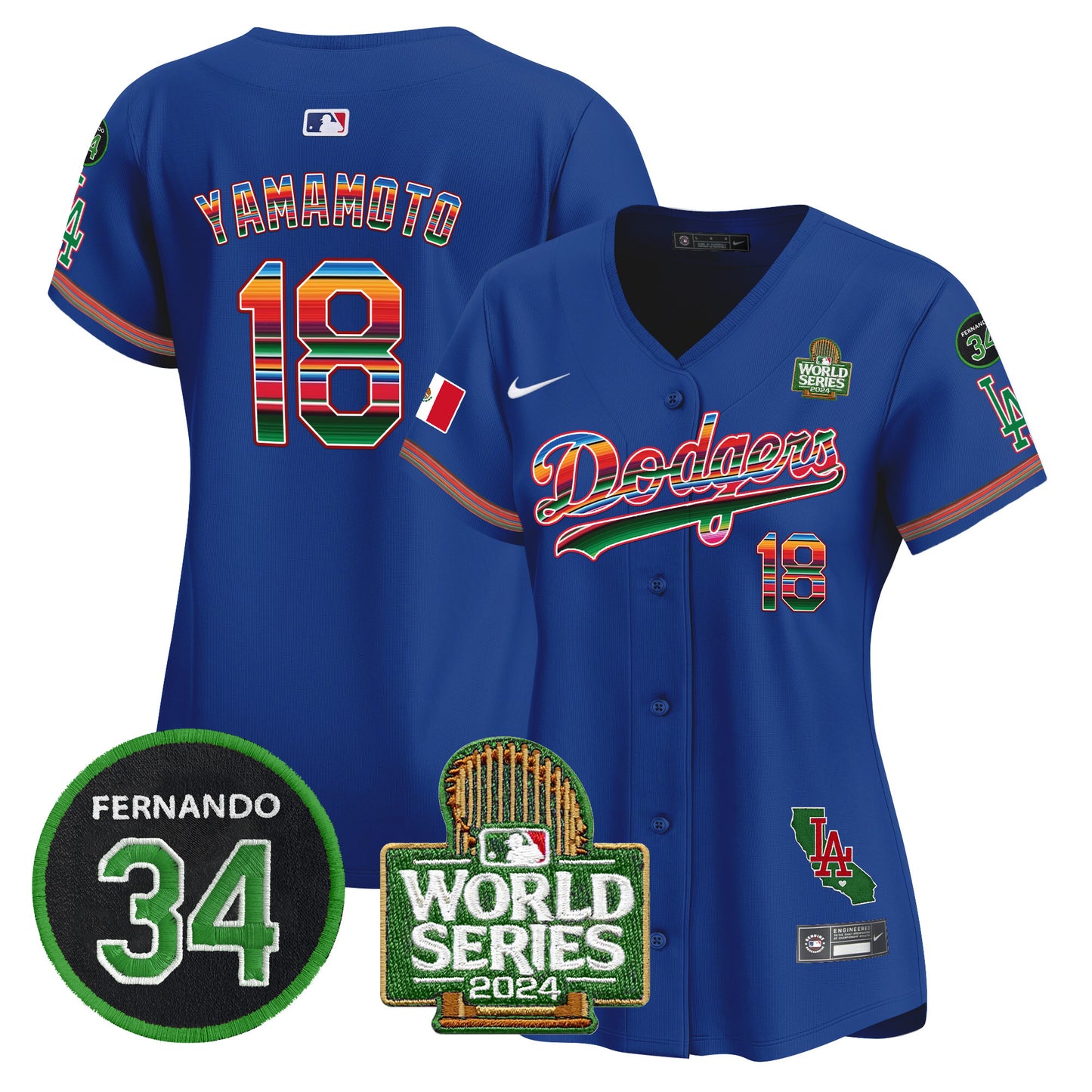 Women's Dodgers Mexico Fernando Memorial & 2024 World Series Patch Vapor Premier Limited Jersey V2 - All Stitched