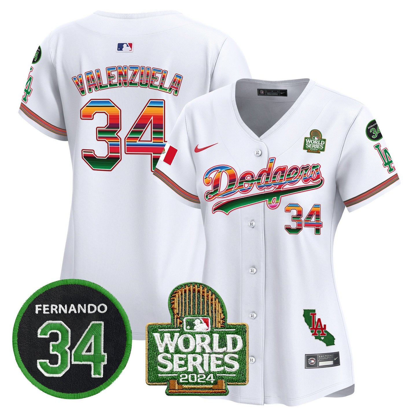 Women's Dodgers Mexico Fernando Memorial & 2024 World Series Patch Vapor Premier Limited Jersey V2 - All Stitched