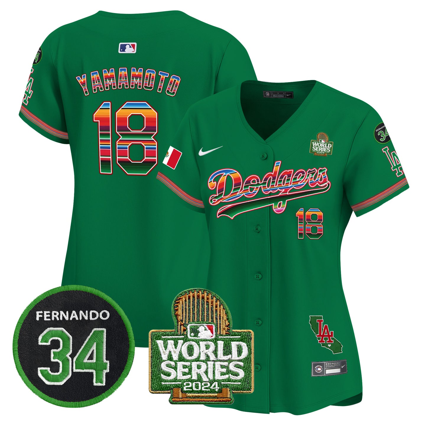 Women's Dodgers Mexico Fernando Memorial & 2024 World Series Patch Vapor Premier Limited Jersey V2 - All Stitched