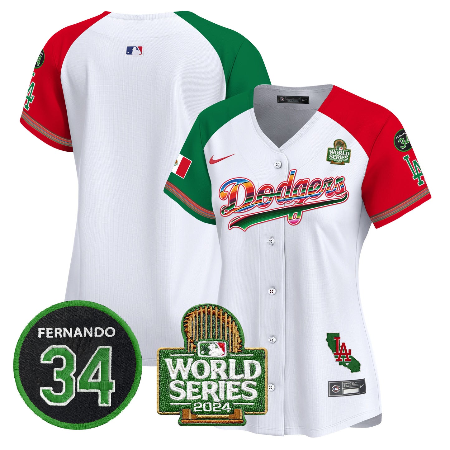 Women's Dodgers Mexico Fernando Memorial & 2024 World Series Patch Vapor Premier Limited Jersey V2 - All Stitched