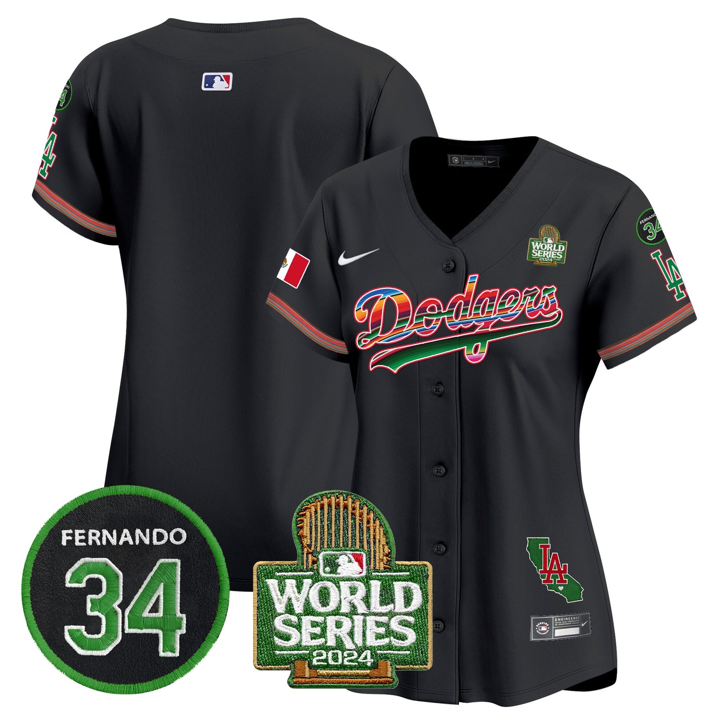 Women's Dodgers Mexico Fernando Memorial & 2024 World Series Patch Vapor Premier Limited Jersey V2 - All Stitched