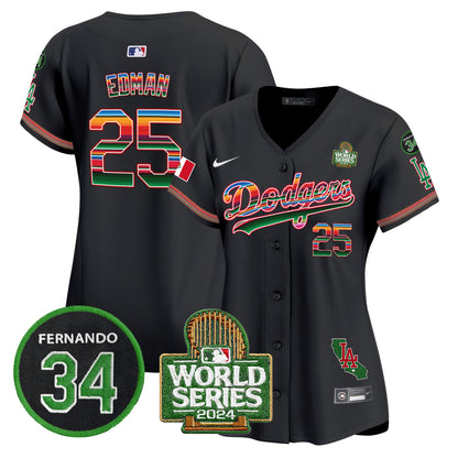 Women's Dodgers Mexico Fernando Memorial & 2024 World Series Patch Vapor Premier Limited Jersey V2 - All Stitched