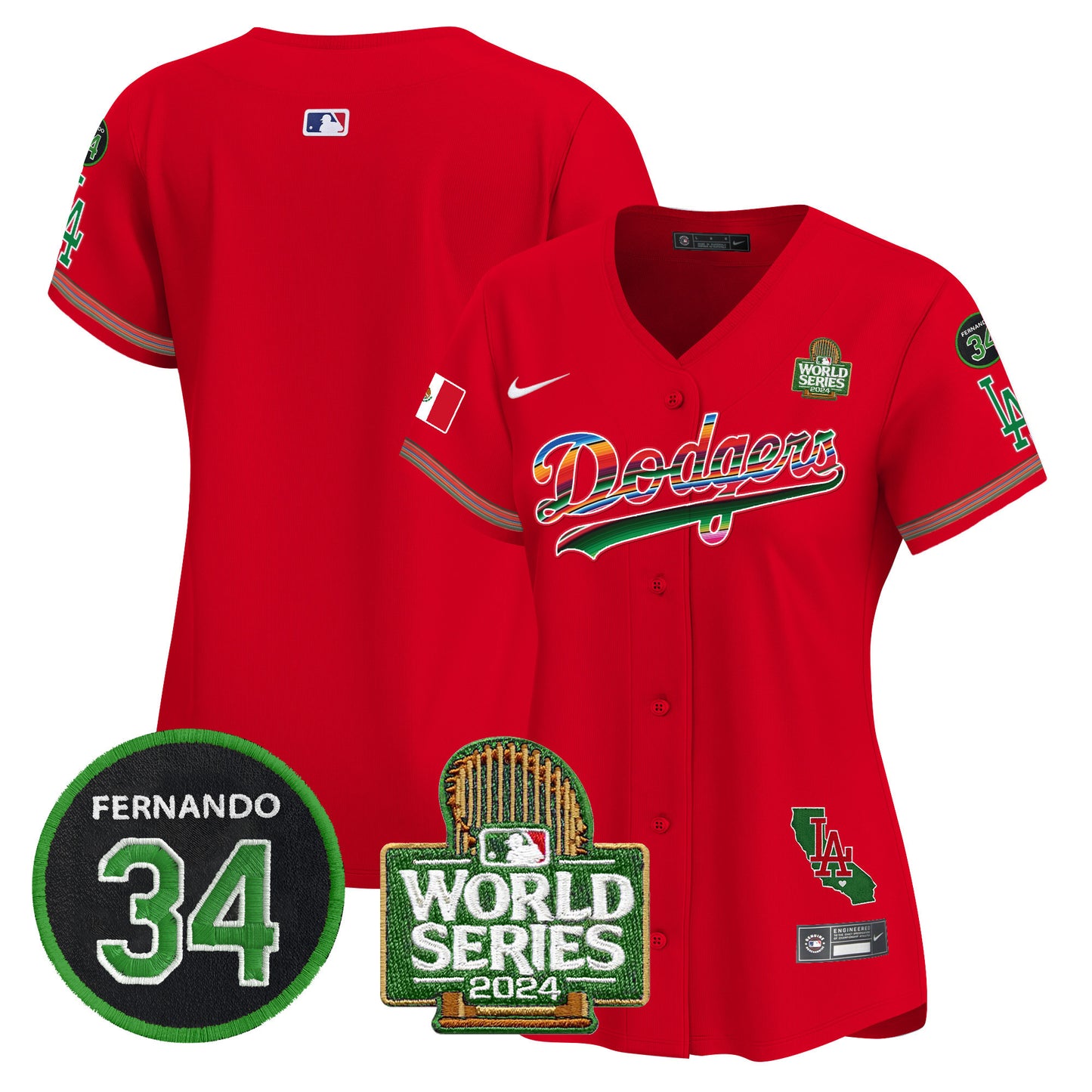 Women's Dodgers Mexico Fernando Memorial & 2024 World Series Patch Vapor Premier Limited Jersey V2 - All Stitched