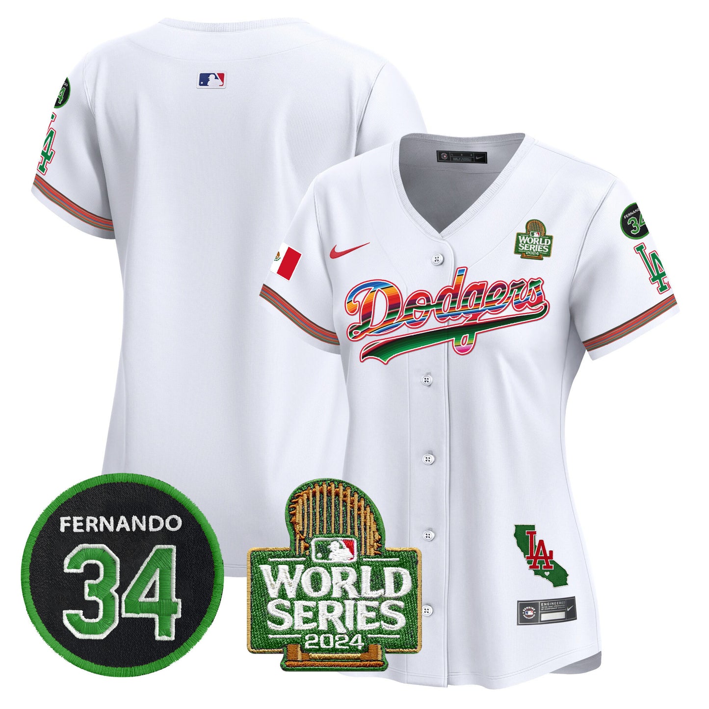 Women's Dodgers Mexico Fernando Memorial & 2024 World Series Patch Vapor Premier Limited Jersey V2 - All Stitched