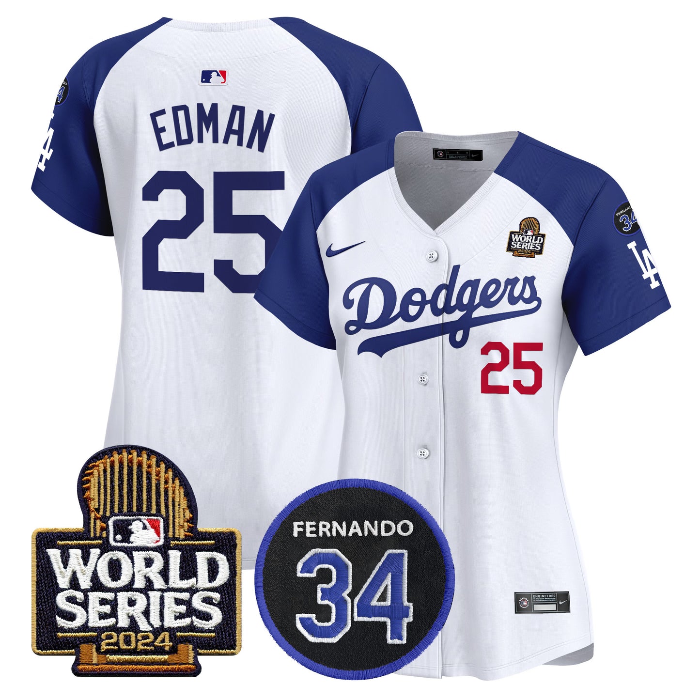 Women's Dodgers Fernando Memorial & 2024 World Series Patch Vapor Premier Limited Jersey V2 - All Stitched