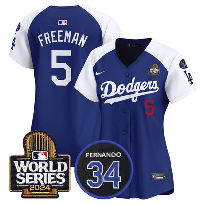 Women's Dodgers Fernando Memorial & 2024 World Series Patch Vapor Premier Limited Jersey V2 - All Stitched