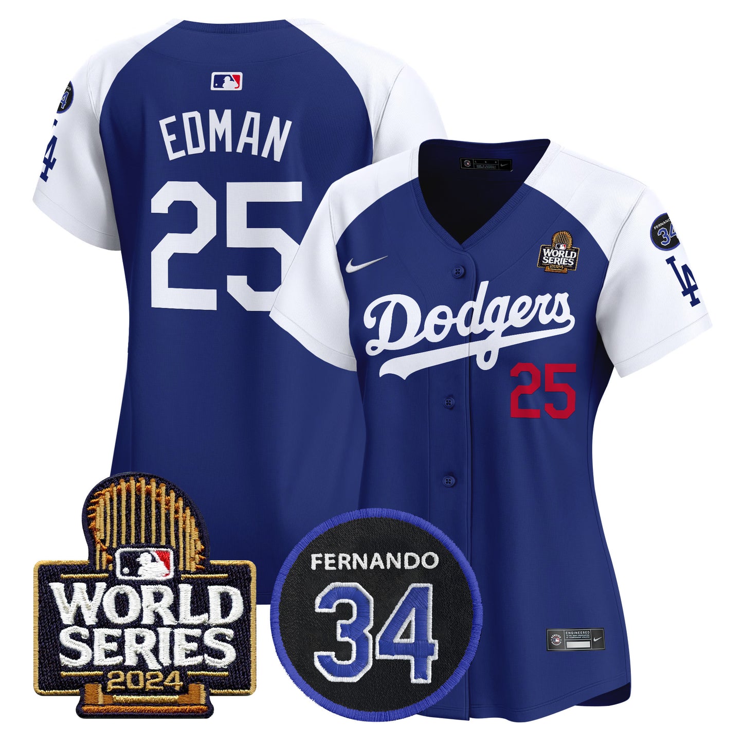 Women's Dodgers Fernando Memorial & 2024 World Series Patch Vapor Premier Limited Jersey V2 - All Stitched