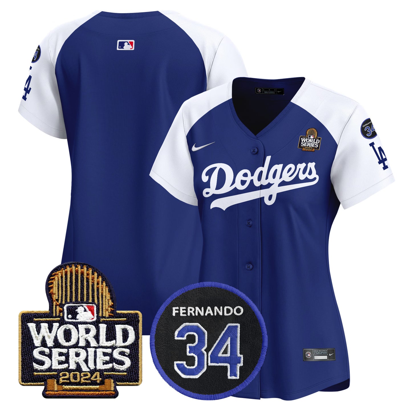 Women's Dodgers Fernando Memorial & 2024 World Series Patch Vapor Premier Limited Jersey V2 - All Stitched