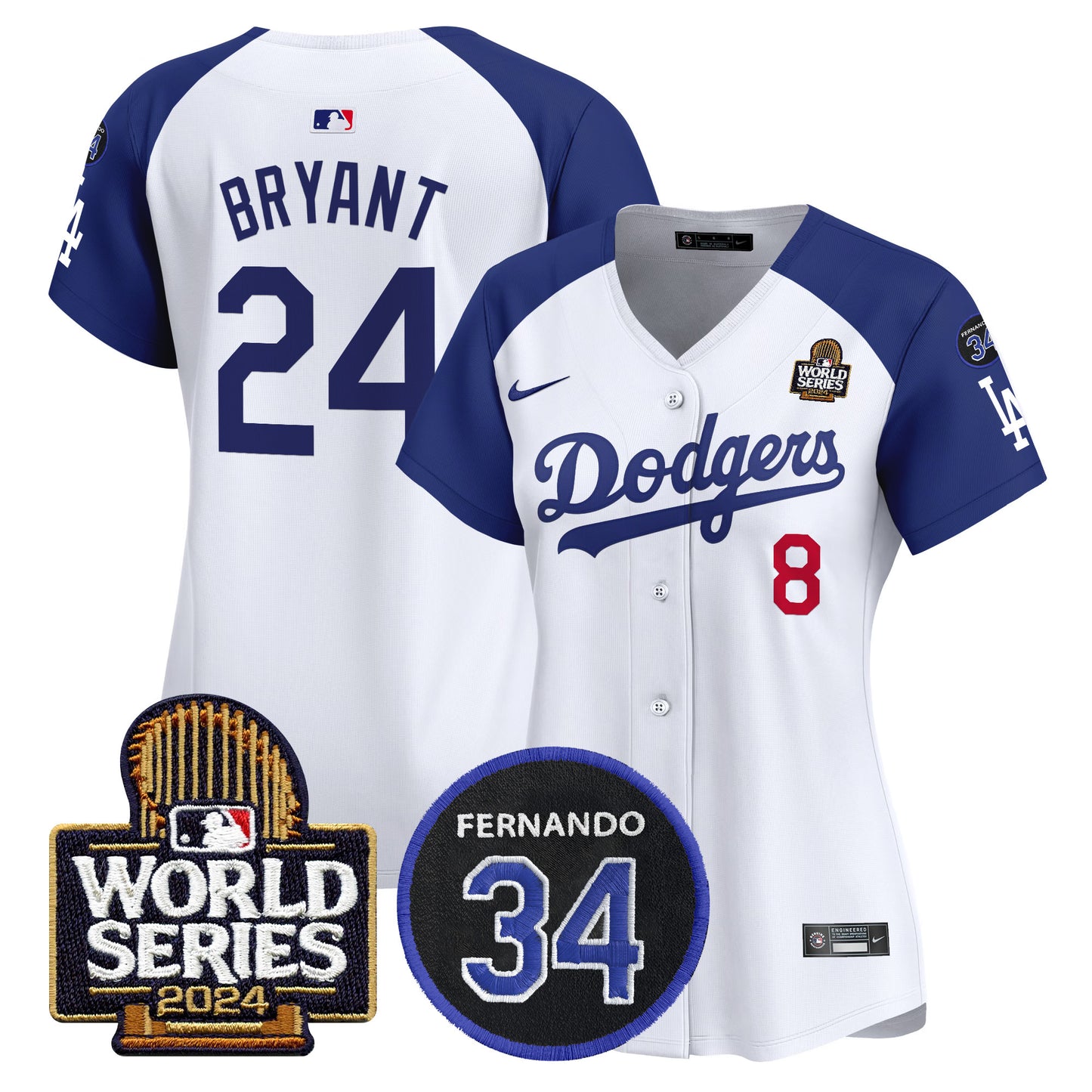 Women's Dodgers Fernando Memorial & 2024 World Series Patch Vapor Premier Limited Jersey V2 - All Stitched