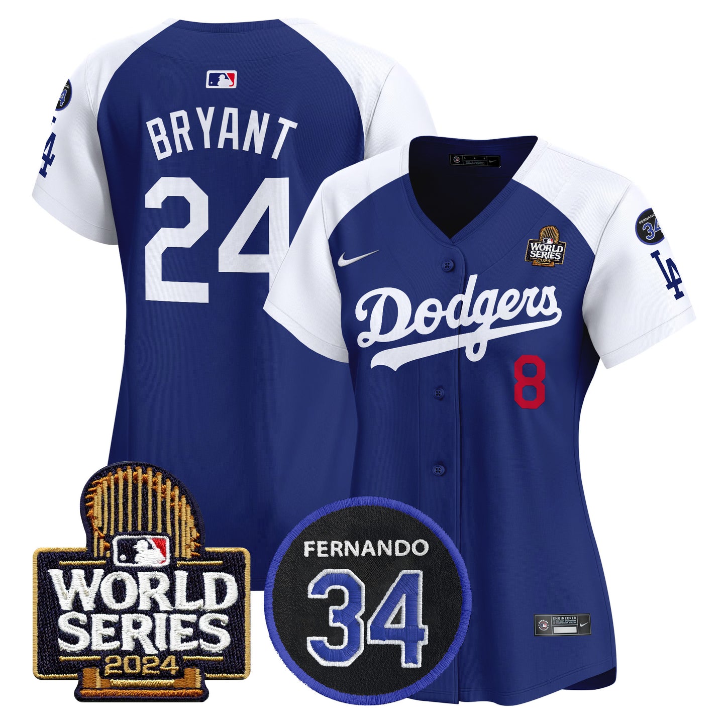 Women's Dodgers Fernando Memorial & 2024 World Series Patch Vapor Premier Limited Jersey V2 - All Stitched