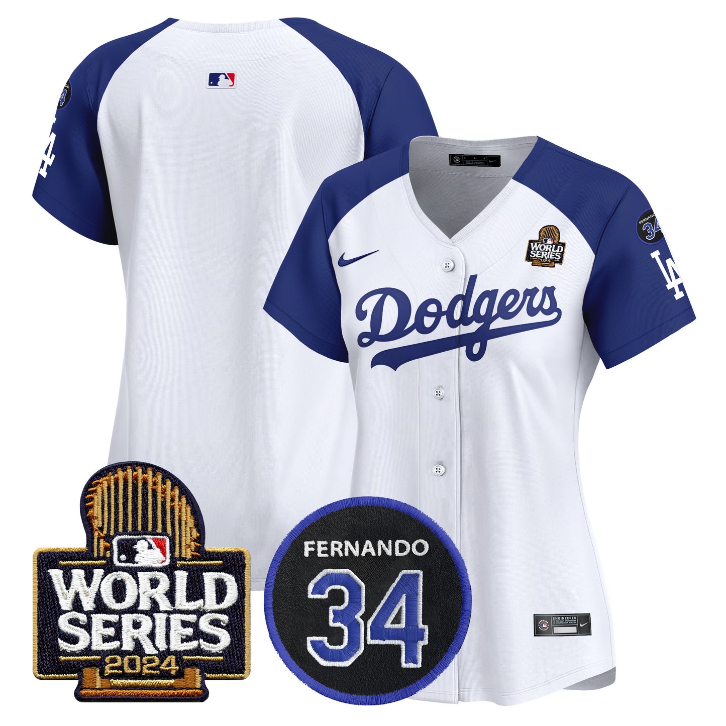 Women's Dodgers Fernando Memorial & 2024 World Series Patch Vapor Premier Limited Jersey V2 - All Stitched