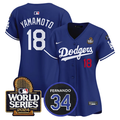 Women's Dodgers Fernando Memorial & 2024 World Series Patch Vapor Premier Limited Jersey V2 - All Stitched