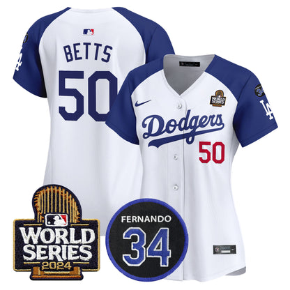 Women's Dodgers Fernando Memorial & 2024 World Series Patch Vapor Premier Limited Jersey V2 - All Stitched