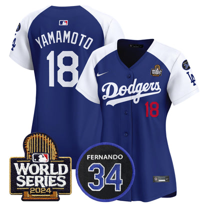 Women's Dodgers Fernando Memorial & 2024 World Series Patch Vapor Premier Limited Jersey V2 - All Stitched