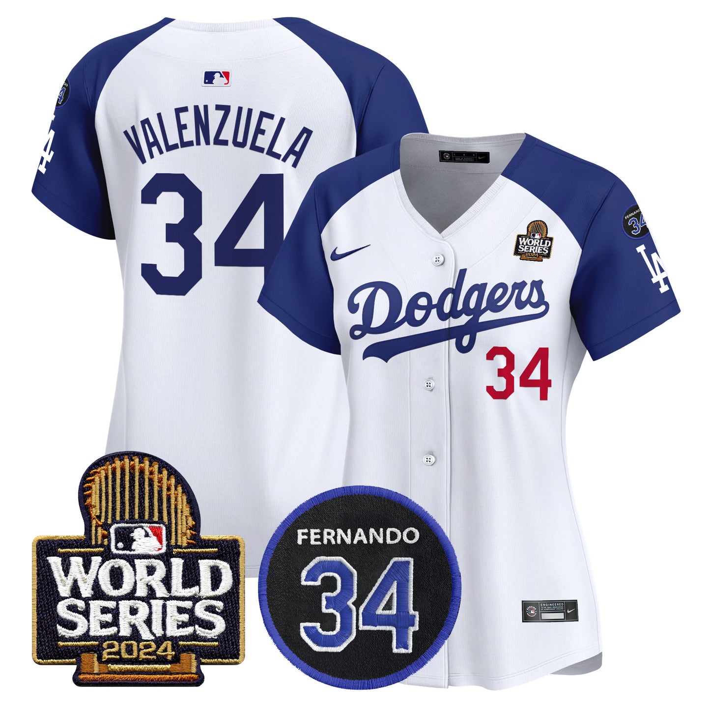 Women's Dodgers Fernando Memorial & 2024 World Series Patch Vapor Premier Limited Jersey V2 - All Stitched