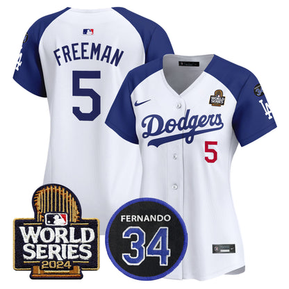 Women's Dodgers Fernando Memorial & 2024 World Series Patch Vapor Premier Limited Jersey V2 - All Stitched