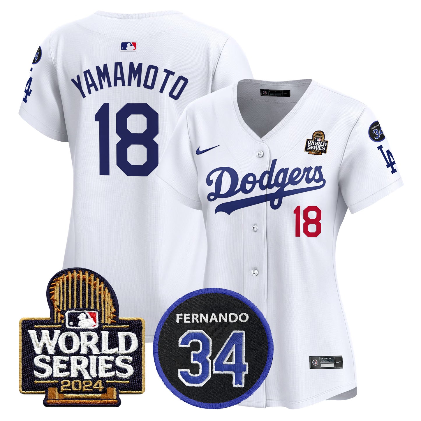 Women's Dodgers Fernando Memorial & 2024 World Series Patch Vapor Premier Limited Jersey V2 - All Stitched