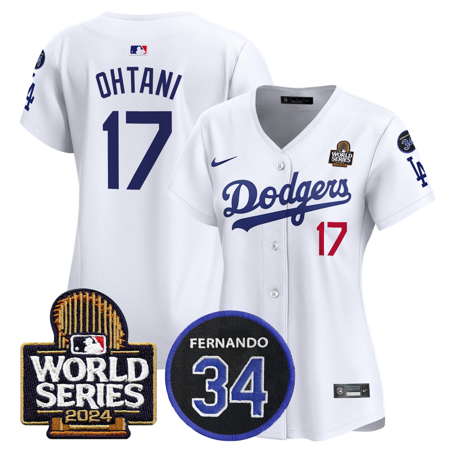 Women's Dodgers Fernando Memorial & 2024 World Series Patch Vapor Premier Limited Jersey V2 - All Stitched