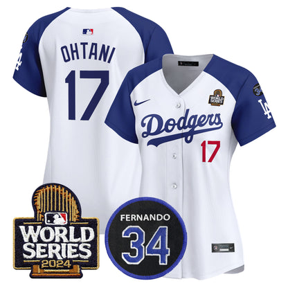 Women's Dodgers Fernando Memorial & 2024 World Series Patch Vapor Premier Limited Jersey V2 - All Stitched