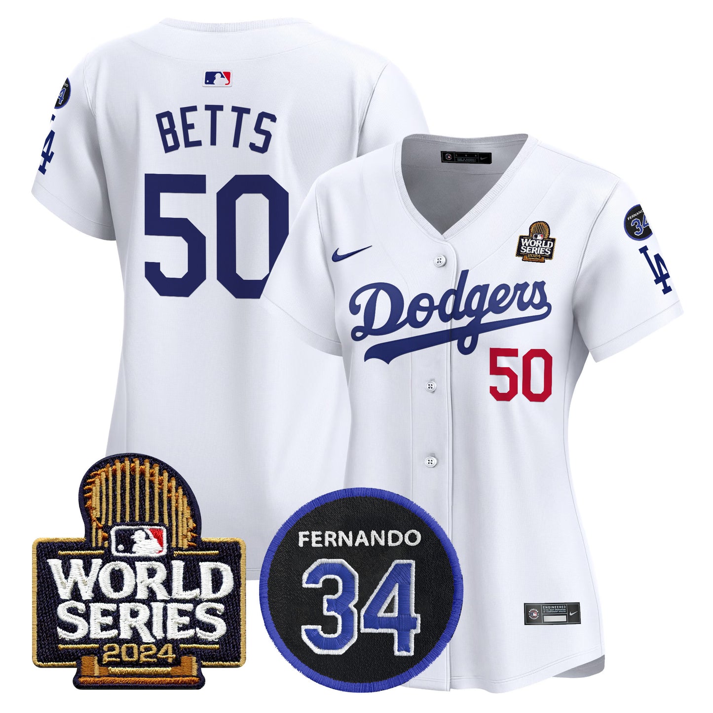 Women's Dodgers Fernando Memorial & 2024 World Series Patch Vapor Premier Limited Jersey V2 - All Stitched