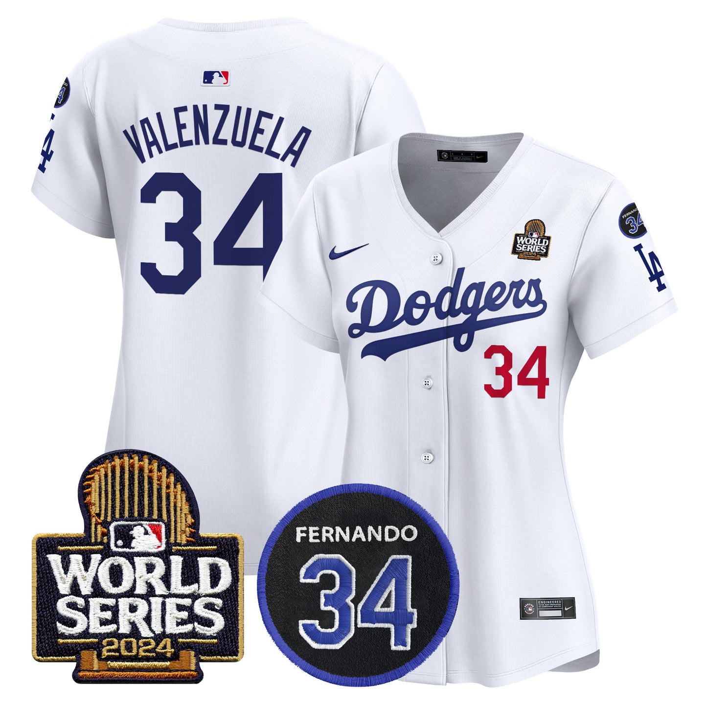 Women's Dodgers Fernando Memorial & 2024 World Series Patch Vapor Premier Limited Jersey V2 - All Stitched