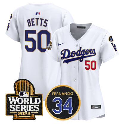 Women's Dodgers Fernando Memorial & 2024 World Series Patch Vapor Premier Limited Jersey - All Stitched