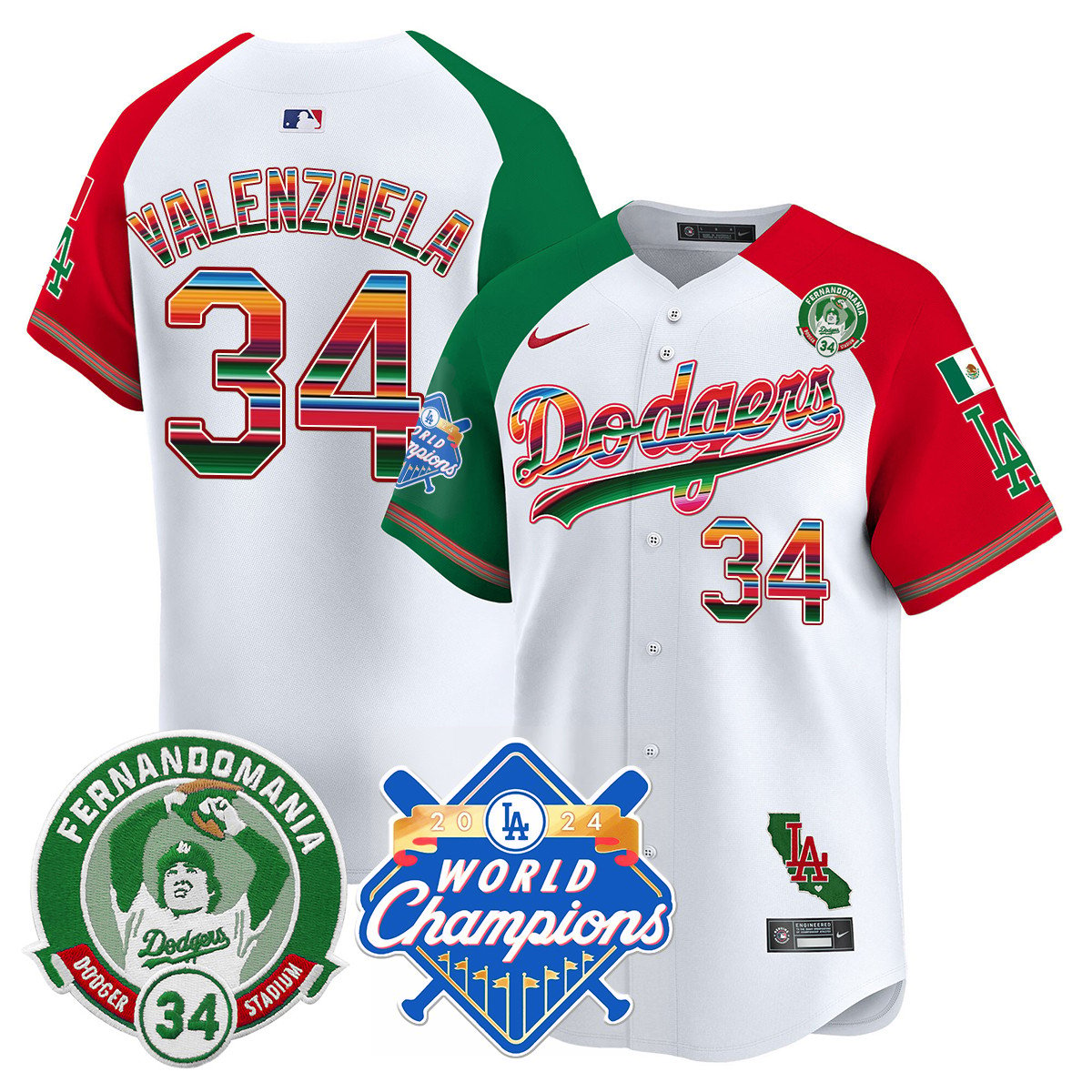 Men's Dodgers Mexico Fernando Memorial & 2024 World Series Champions Patch Jersey - All Stitched