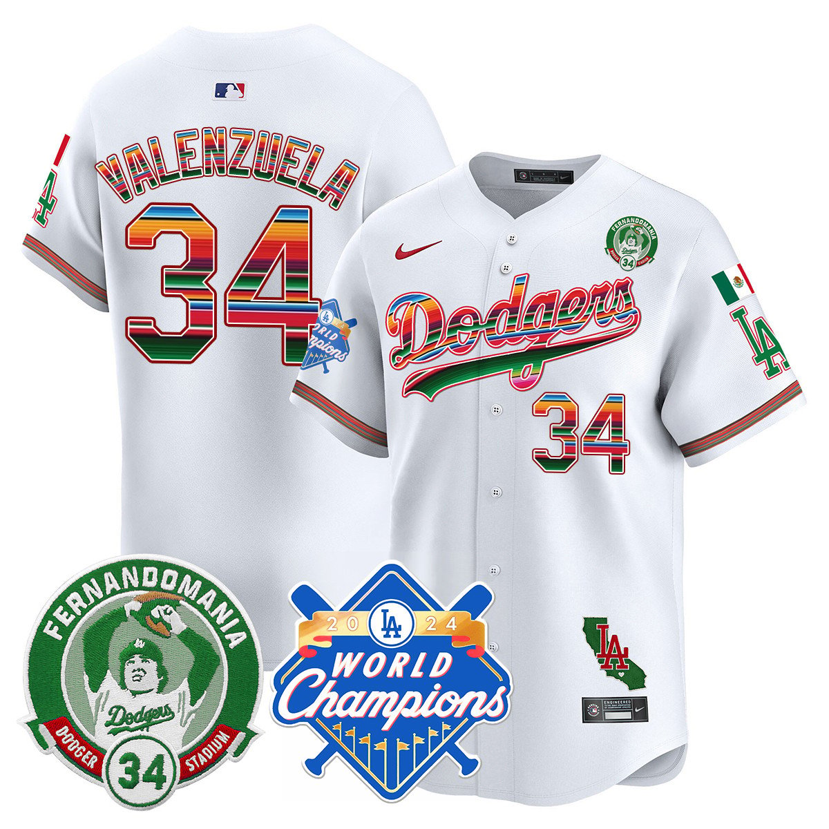 Men's Dodgers Mexico Fernando Memorial & 2024 World Series Champions Patch Jersey - All Stitched