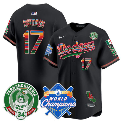 Men's Dodgers Mexico Fernando Memorial & 2024 World Series Champions Patch Jersey - All Stitched