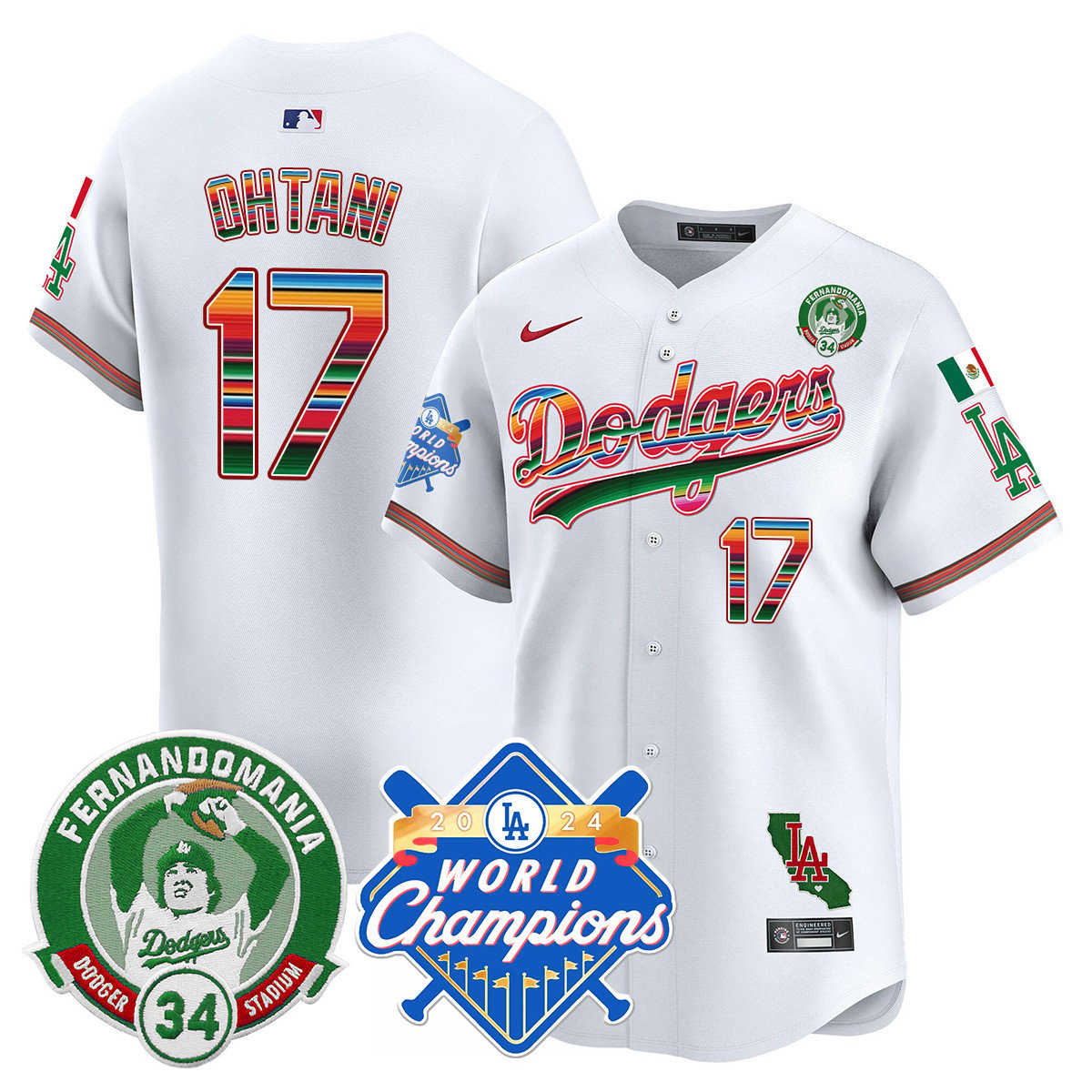 Men's Dodgers Mexico Fernando Memorial & 2024 World Series Champions Patch Jersey - All Stitched