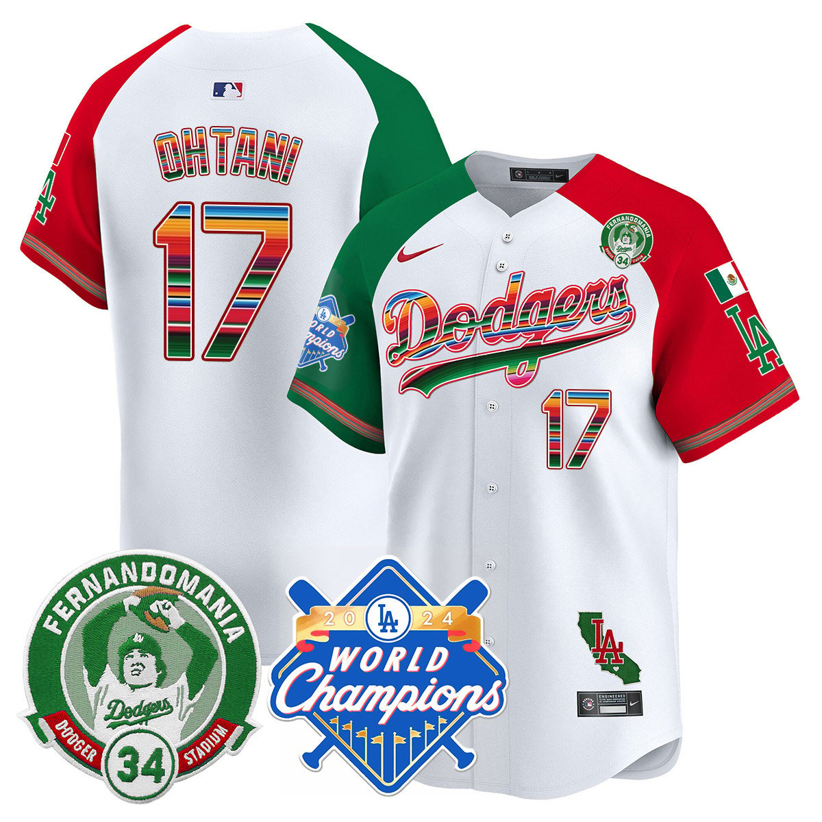 Men's Dodgers Mexico Fernando Memorial & 2024 World Series Champions Patch Jersey - All Stitched