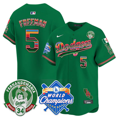 Men's Dodgers Mexico Fernando Memorial & 2024 World Series Champions Patch Jersey - All Stitched