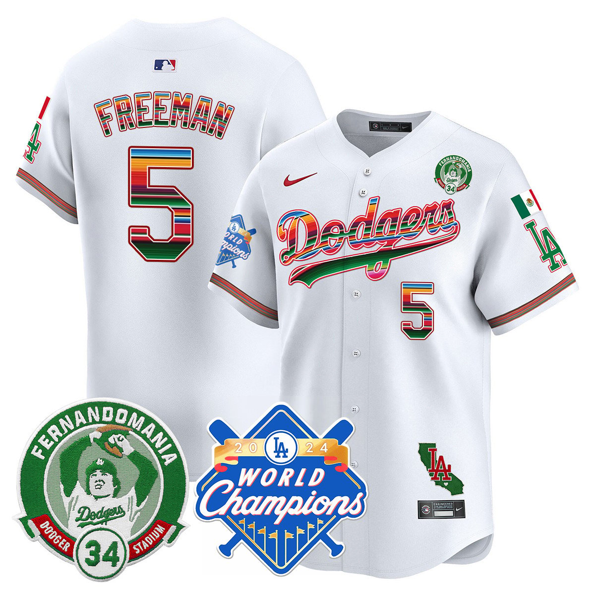 Men's Dodgers Mexico Fernando Memorial & 2024 World Series Champions Patch Jersey - All Stitched