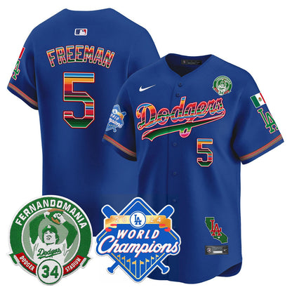 Men's Dodgers Mexico Fernando Memorial & 2024 World Series Champions Patch Jersey - All Stitched